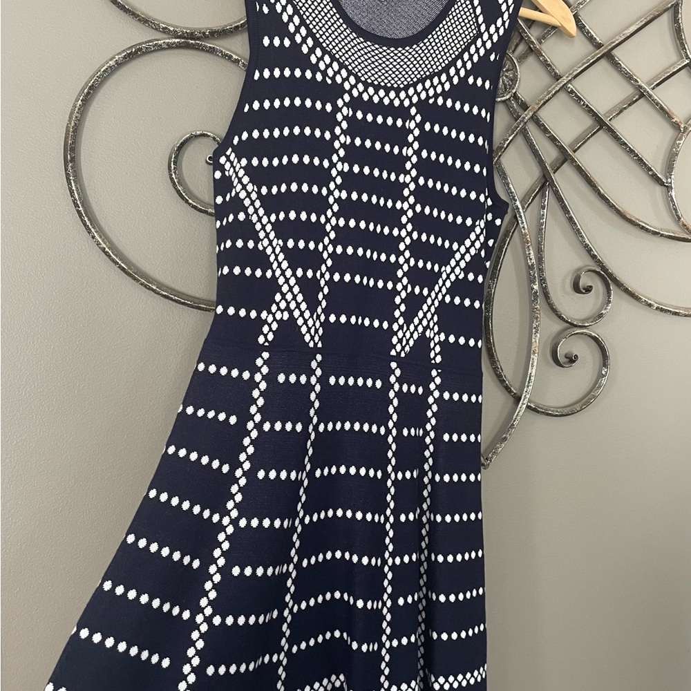 Neiman Marcus Navy and White Polka-Stripe Midi Dress